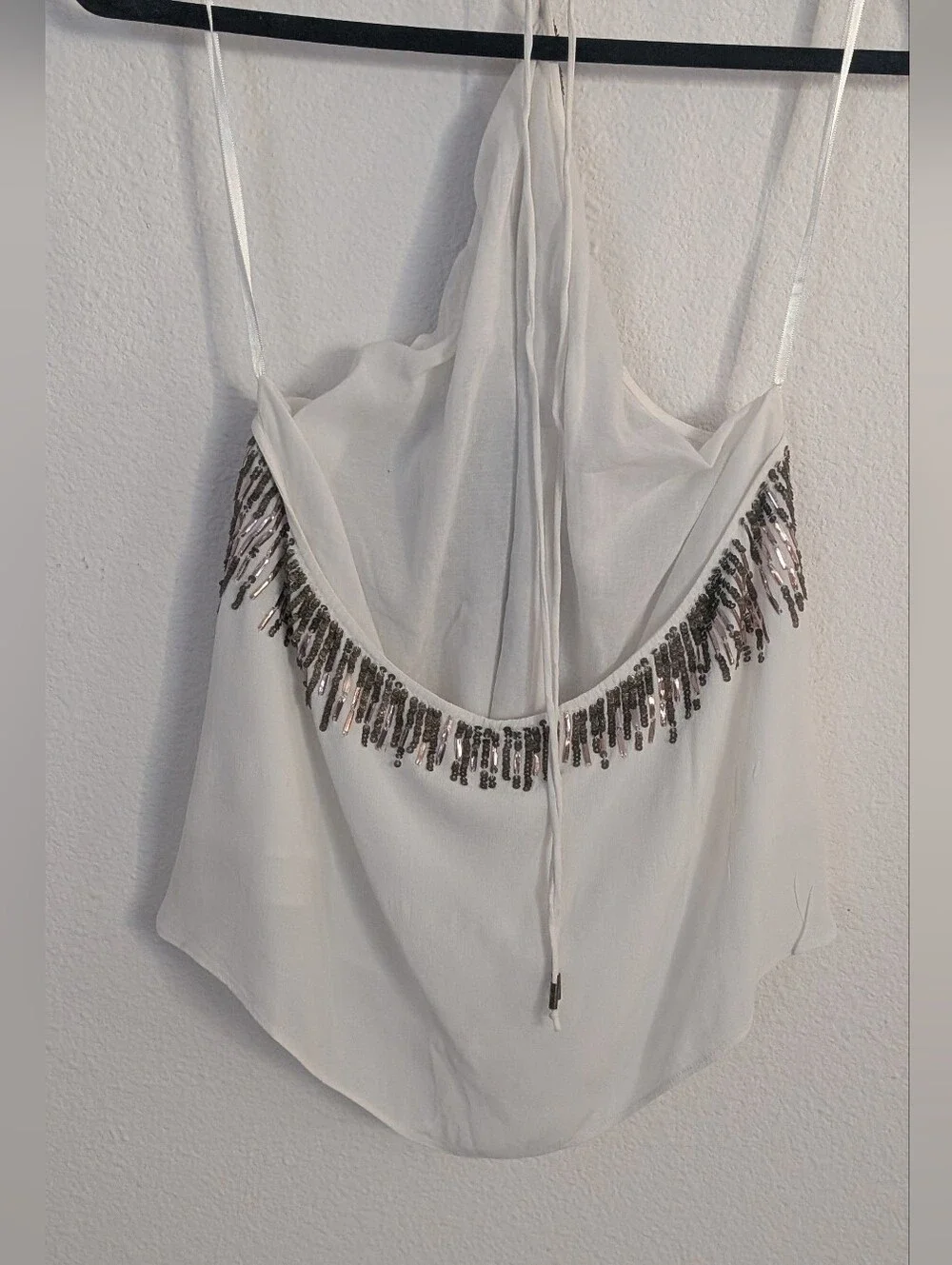 Free People White Halter Crop Top with Silver and Rose-Gold Sequin Fringe - Picture 4 of 13